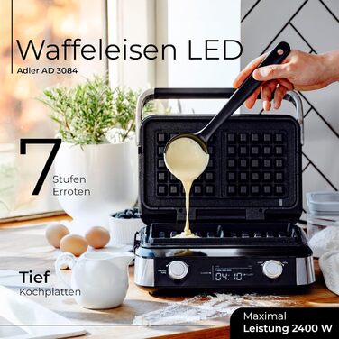 Вафельниця Adler Belgische Waffel – електрична вафельниця з LCD-дисплеєм, 2400W, 5 програм, 7 рівнів підсмажування, глибокі нагрівальні пластини 12x13x2 см