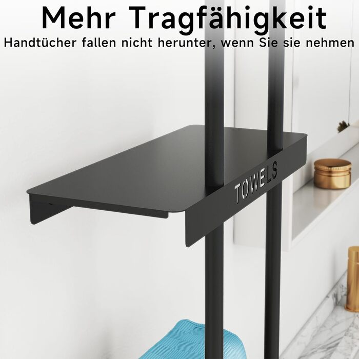 Чорний триярусний тримач для рушників з металевою полицею та 4 гачками, 86 см