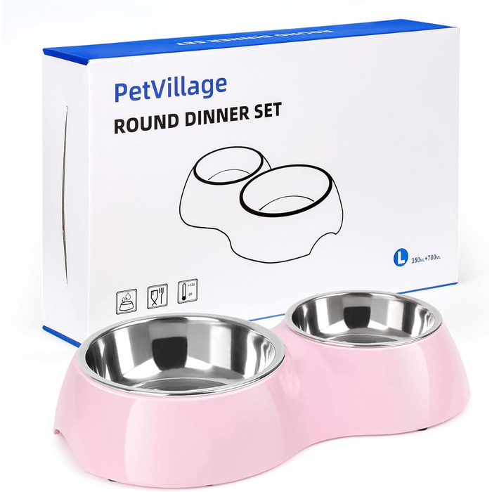 Набір мисок для собак Petvillage з нержавіючої сталі, 2 миски (113 г кожна) та стійкий підставка з харчового пластику, годівниця для цуценят, кошенят та маленьких собак (рожевий, великий)