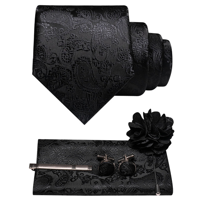 Яскравий краватковий комплект JEMYGINS для чоловіків: краватка з візерунком павальо, нагрудна хустинка, краваткова затискач, брош та запонки (чорний)