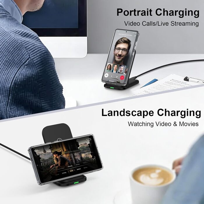 Бездротова зарядка Samsung 15W з адаптером живлення: підставка для швидкої зарядки Galaxy S25/S24/S23/S22/S21/S20, iPhone 17-11, Google Pixel 10/10 Pro/9 Pro – чорна, складана