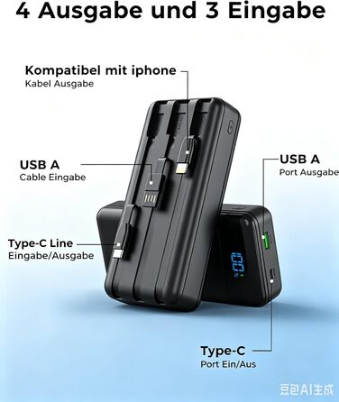 Power Bank Enerwow 27000mAh з USB-C кабелем, 4 порти, LED-дисплей - Зовнішній акумулятор для iPhone та інших пристроїв (Чорний, P300C)