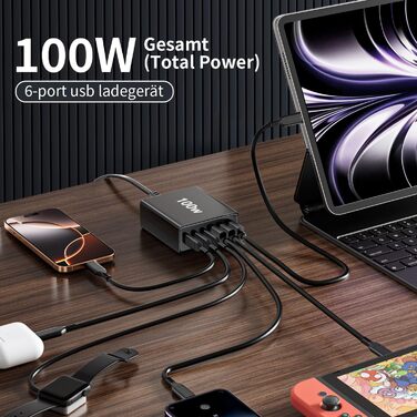Багатопортовий зарядний пристрій HSSNS USB-C: 100W, 6 портів, швидка зарядка, USB-C та USB-A, для iPad, iPhone та смартфонів, чорний