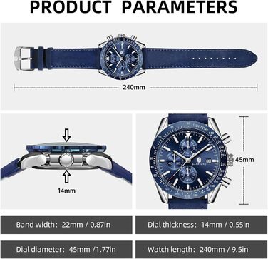 Годинник чоловічий BENYAR Chronograph з кварцовим механізмом, аналоговий, з шкіряним ремінцем. Стильний дизайн для бізнесу, спорту та повсякденного носіння. Водостійкість 30M. Елегантний подарунок для чоловіків (синій ремінець, сріблясте корпус, блакитний