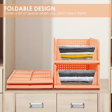 4 Pack Stackable Foldable Closet Storage Box Organizer (Easy Open and Fold), Plastic Closet Shelf Organizer Box, Bedroom, Kitchen (Pink)