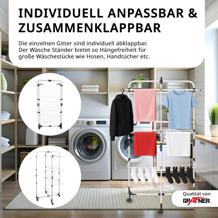 Сушарка для білизни Grafner Turm з колесами, 30 метрів мотузки, 3 яруси, 6 крил, розкладна та компактна