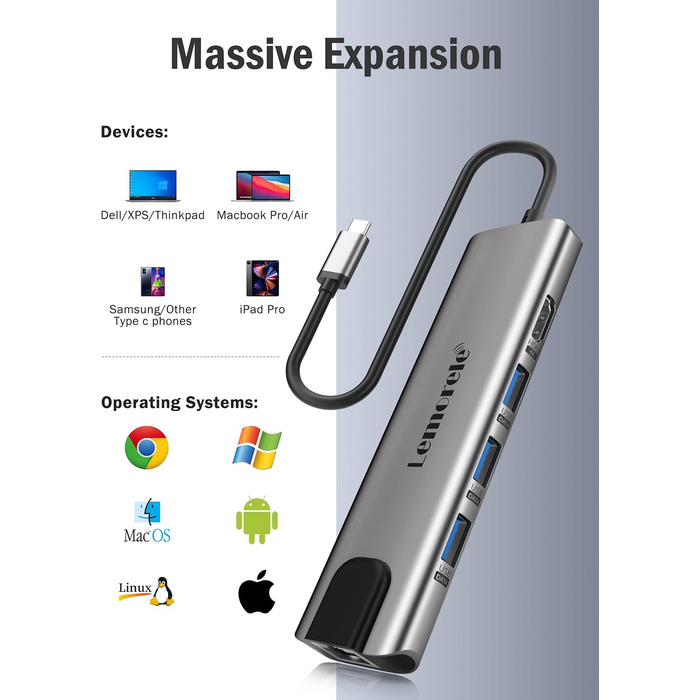 Lemorele Док-станція USB C хаб 9-в-1 з Ethernet: 2xHDMI 4K, 3xUSB 3.0/2.0, VGA, PD 100W, SD/TF, для Windows, MacBook, Dell, HP, Lenovo, Surface