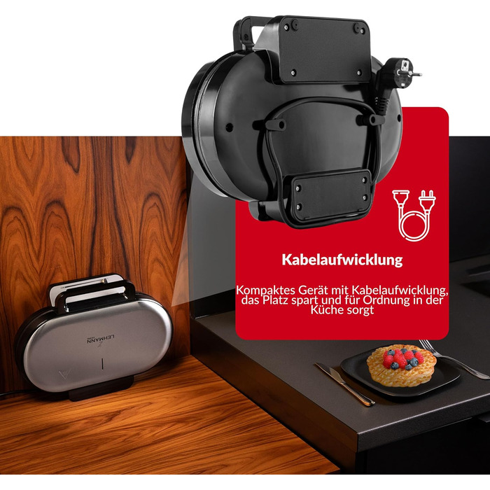 Вафельниця LEHMANN Doppel Waffeleisen Herzform - для випікання 10 вафель у формі серця, з антипригарним покриттям, регулюванням температури, індикатором нагріву, 1200W, чорний/срібний