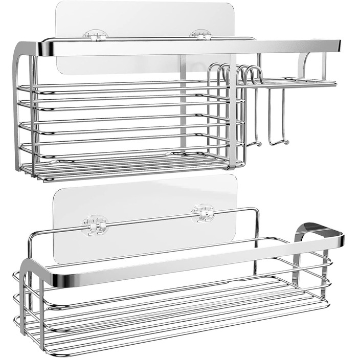 Двосекційна самоклеюча поличка для душу з нержавіючої сталі, органайзер для шампуню та кондиціонера, сріблястого кольору