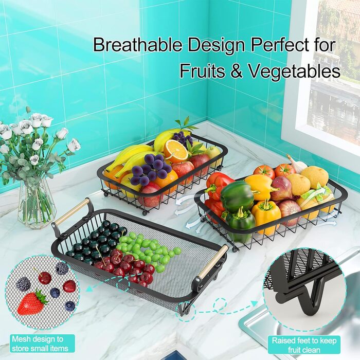 3-Tier Fruit Basket with 2 Banana Hangers for Kitchen Countertop, Vegetable Counter, Storage Holder, Large Capacity, Metal Wire, Fruit Stand, Organizer for Onion, Snack, Black