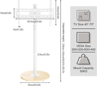 Підставка для телевізора Unho з коліщатками, регульована по висоті, для телевізорів 40-75 дюймів, VESA 600x400 мм, до 50 кг, біла