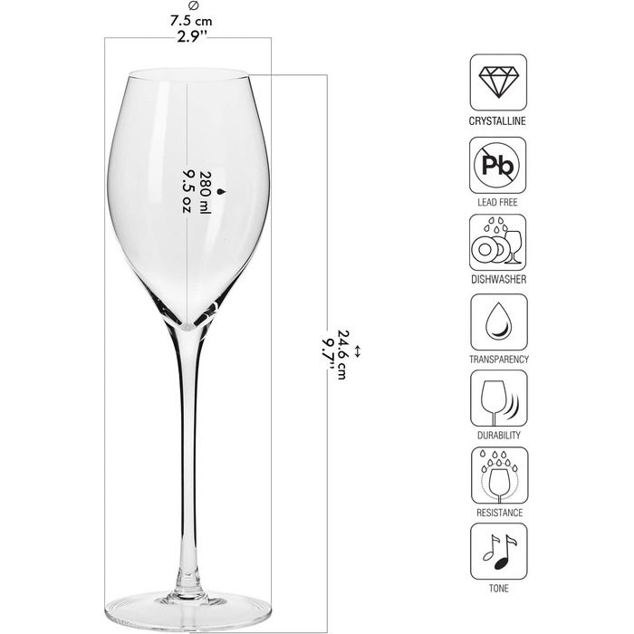 Кроснo Champagnergläser Prosecco-Gläser | Набір 6 | 280 мл | Колекція Harmony | Сектарі, шампань | Ідеально для дому, ресторанів та свят | Можна мити в посудомийній машині Prosecco 280 мл (6 шт.)
