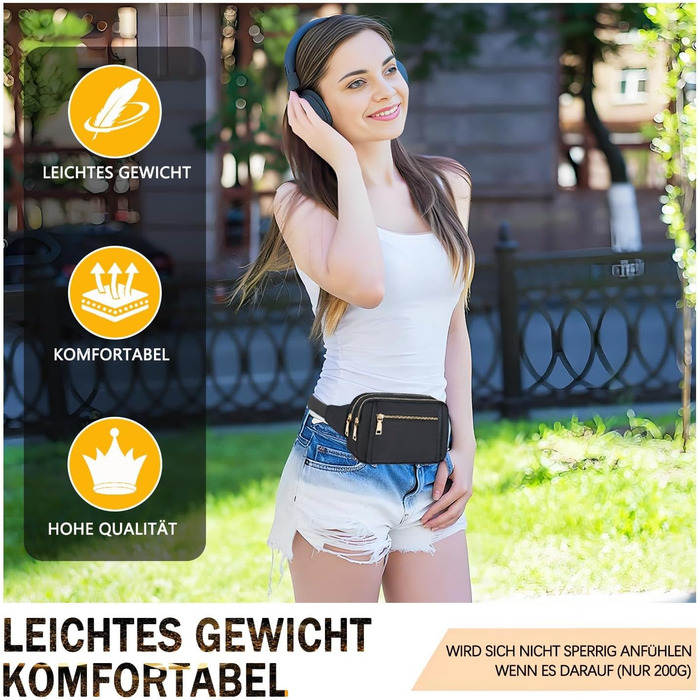 Чоловіча та жіноча поясна сумка Bauchtasche, стильна сумка на пояс для фестивалю, з регульованим ремінком та кількома кишенями, чорна. Підходить для бігу, спорту, прогулянок з собакою.