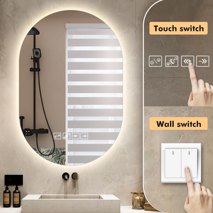 Дзеркало для ванної кімнати з підсвічуванням LED, 60 см, протитуманна функція, Bluetooth, сенсорний вимикач, регулювання яскравості, 3000K/4000K/6500K, HD-загартоване скло, 500x750 мм (овальне)