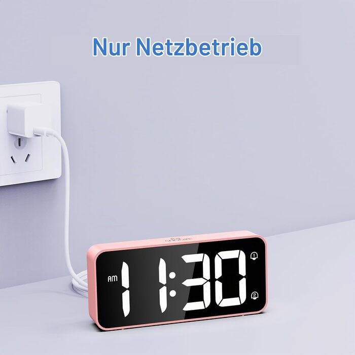 Цифровий LED будильник LATEC з 2 сигналами будильника, функцією Snooze, USB-портом для зарядки, регулюванням яскравості та гучності (90-120 дБ), 8 мелодій, формат 12/24г, мережевий, Рожевий