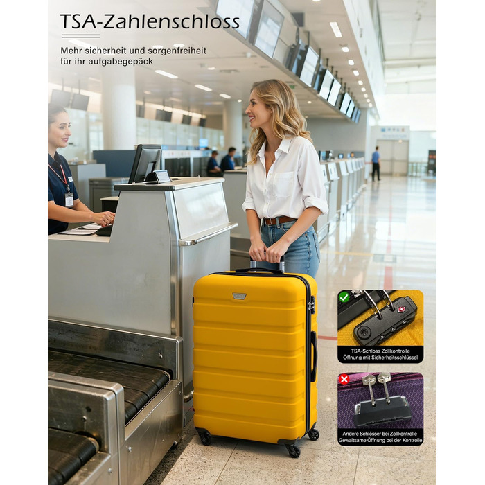Набір валіз COOLIFE 3 шт. (M, L, XL) для сімейних та закордонних подорожей, ABS+PC, жорсткий корпус, 360° обертання, YKK блискавка, TSA замок, жовтий колір