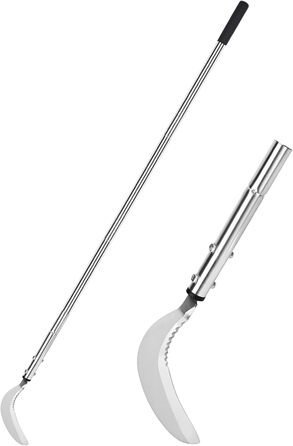 Weed scythe, steel grass scythe with serrated double-edged blade, telescopic grass grabber, stand-up weed scythe, lightweight scythe, garden tool, long handle for garden, yard