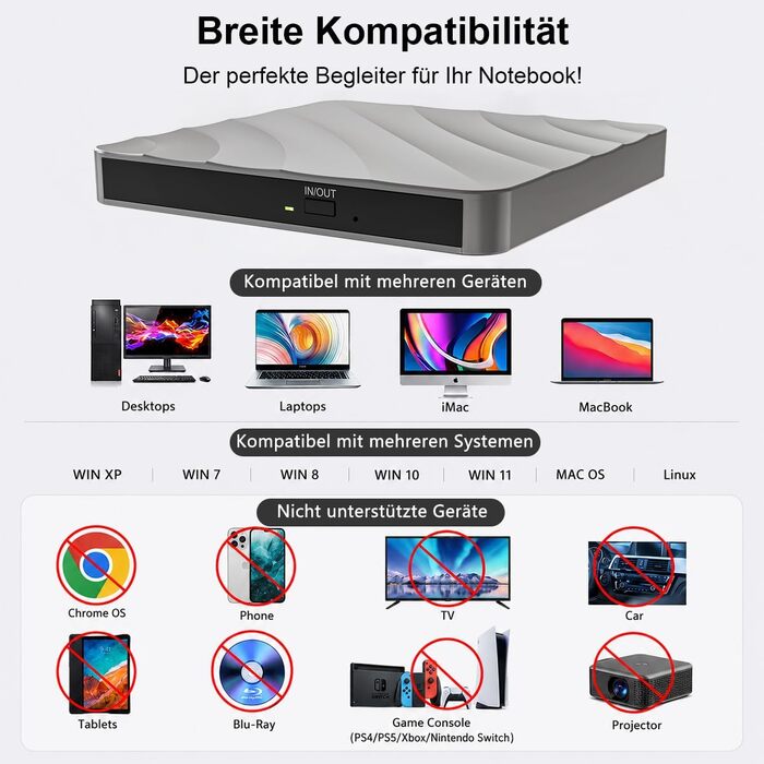 Зовнішній USB DVD/CD привід-записувач для ноутбука та ПК, оптичний накопичувач +/-RW ROM для Windows, MacOS, Linux (сірий/сріблястий)