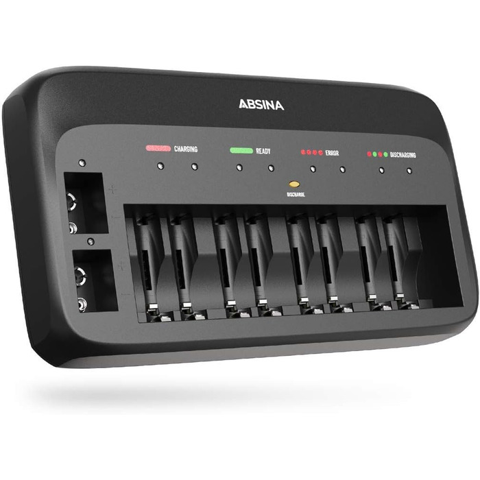 Зарядний пристрій ABSINA X10 для акумуляторів AA, AAA та 9V - 10-портовий зарядний пристрій для NiMH акумуляторів