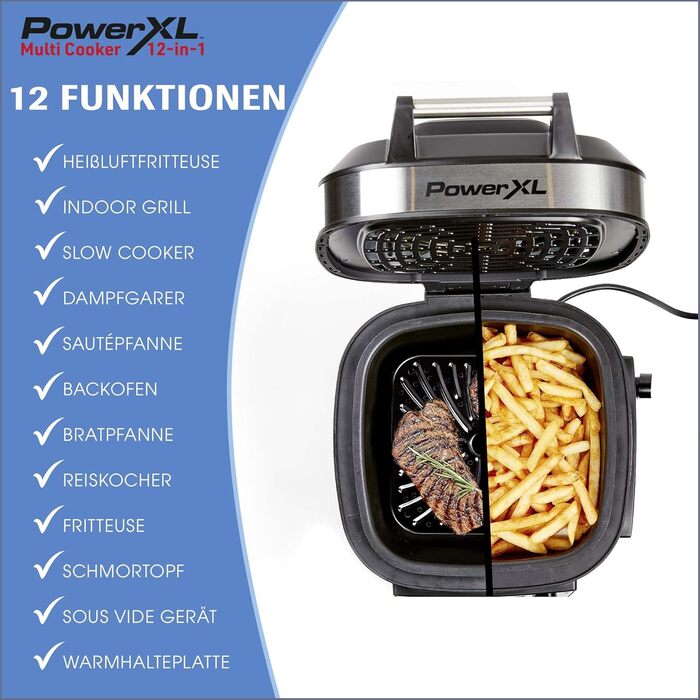 PowerXL MultiCooker Frying Basket Set - 12-in-1 Multi-Cooker with Keep Warm Function - Hot Air Fryer, Oven, Skillet, and More - 5.7 Liters - 12 Cooking Programs - Air Fryer - 80% Less Fat