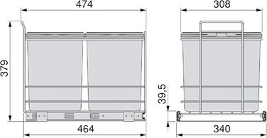 Відро для сміття кухонне Emuca з підвісною системою, 2 висувні контейнери по 20 л, загальний об'єм 40 л (2 x 20 л), сталь та пластик, сірий колір