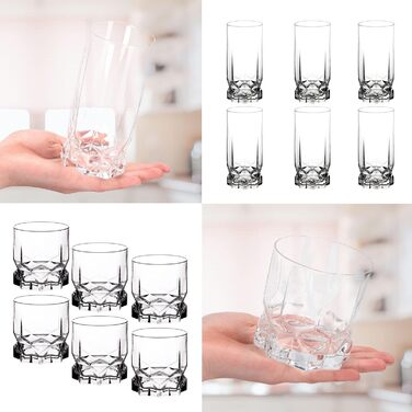 KADAX Drinking Glasses Set of 6, made of high-quality glass, water glasses, thick-walled juice glasses, fluted glasses for water, drinks, cocktail glasses, beverage glasses (12-piece SET 6x325ml tall + 6x325ml short)