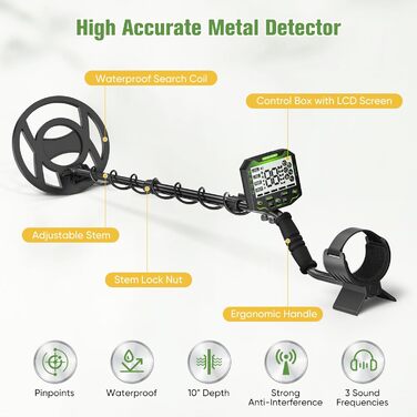 Металодетектор високоточний, регульована довжина 113-141 см, 5 режимів, акумуляторний, професійний з LCD-дисплеєм, водонепроникна котушка IP68 для дорослих та дітей (зелений)
