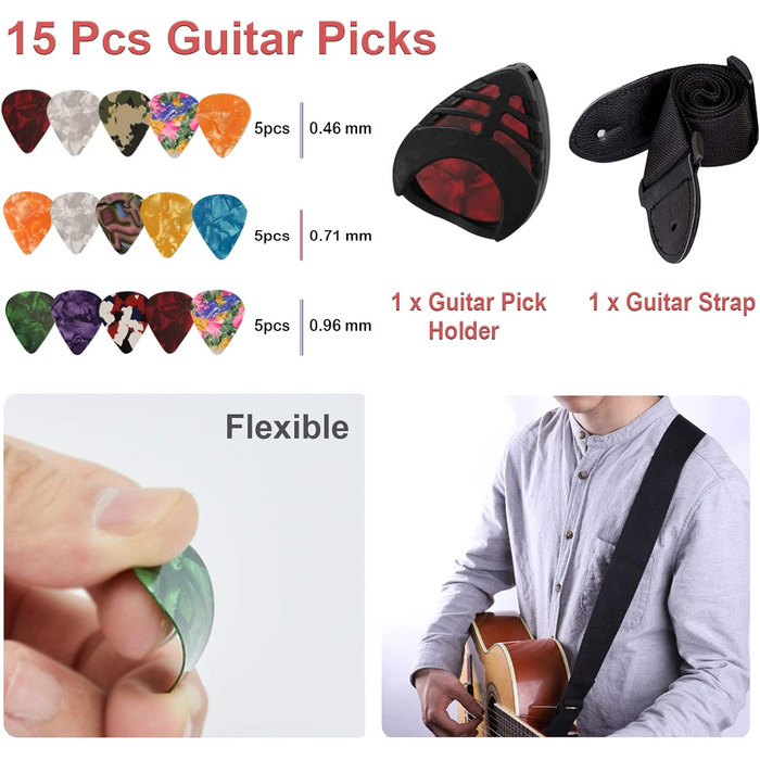 Набір аксесуарів для гітари TTCR-II, 78 шт: стійка, тюнер, каподастр, медіатори, струни, фінгерпіки, захист пальців, ремінь