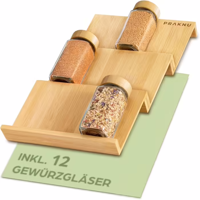 Praknu Spice Rack with Glasses - Spice Rack made of FSC® Wood - 12-Piece Spice Glasses with Bamboo Lids - Incl. Shaker Insert & Labels - Kitchen Organizer Storage