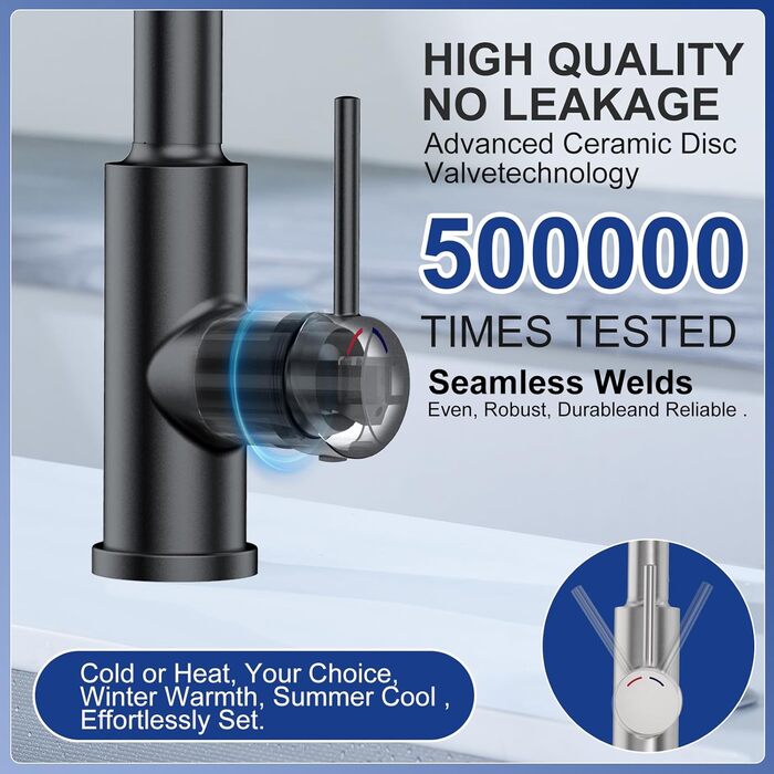 Змішувач для кухні SREWOHS PRO 4 з висувною лійкою, 4 режими розпилення, високий тиск, шланговий вилив, поворотний на 360°, одноручковий, чорний, нержавіюча сталь