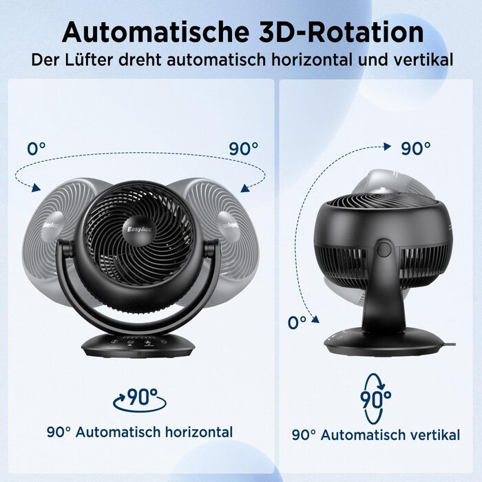 Вентилятор EasyAcc тихий, 25dB, настільний, з авто-осциляцією 90°, 3D Turbo, з пультом, 3 швидкості, таймер 2-12 годин, для спальні - чорний