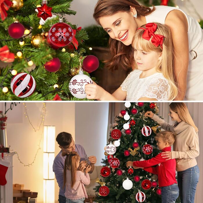 44 штуки новорічних кулі пластикові, набір прикрас для ялинки, персоналізовані кулі для ялинки білі та червоні, новорічний декор для ялинки, зовнішній та внутрішній декор білий та червоний