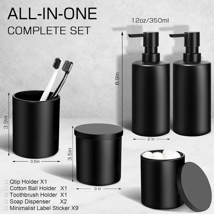 Набір аксесуарів для ванної кімнати, 5 предметів, матовий чорний: мильниця, стакан для зубних щіток, тримач для ватних паличок та бавовни, сучасний декор