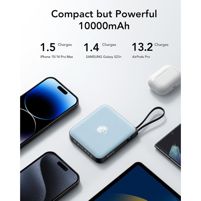 Power Bank VRURC 10000mAh з кабелем: компактний акумулятор USB-C, швидка зарядка 22.5W, LED-індикатор, сумісний з iPhone, Huawei