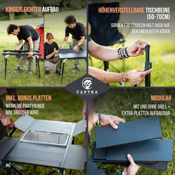 Стол для кемпінгу Castra Premium з грилем – алюміній 7075, регульована висота, вологостійкий, складаний, багатофункціональний, аксесуари для кемпінгу, саду, подорожей та риболовлі