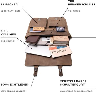 Сумка для ноутбука LEABAGS шкіряна чоловіча Vintage Graubraun до 15 дюймів з ременем через плече