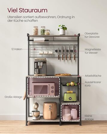 Стелаж кухонний VASAGLE, підлоговий, з магнітною смугою для ножів, кошиком, тримачем для рушників, 12 гачків, вінтажний, коричнево-чорний KKS026B01 (Грейж + Чорний)