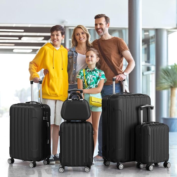 Набір валіз LALAHO 3/4/5 шт. з косметичками, чорний. Валізний набір з ABS-пластику, набір для подорожей, ручна поклажа.