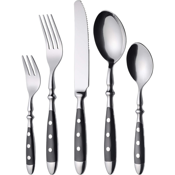 GRÄWE Stainless Steel Cutlery Set for 6 People, Heavy, Rustic, 30-Piece Table Cutlery Set, Forged Cutlery with Black Handles - Nuremberg Series 30-Piece | 6 People
