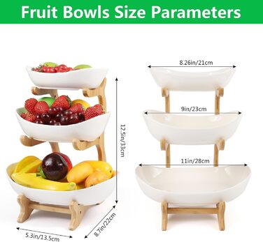 Керамічна етажерка для фруктів Dreamhigh® з 3 ярусами, економна та стійка, сучасна фруктова та овочева миска з бамбуковою підставкою