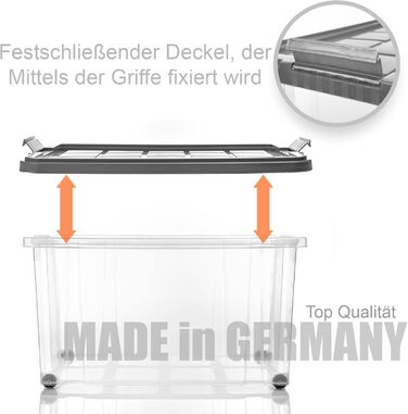 BigDean 4-Piece 60L Storage Box with Lid, Large Steel Grey - Stackable, Robust Box, BPA-Free - Rollable Storage Box with Secure Click Closures - Made in Germany
