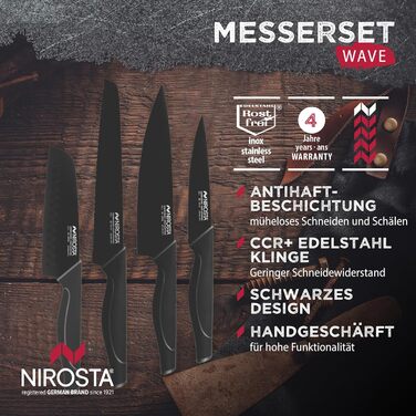 Nirosta Wave Knife Set, Various knives with a functional part made of high-quality stainless steel, premium knives with soft-touch handle, high-quality knives for every occasion (Color: Black), Quantity: 1x 4-piece set