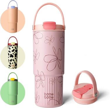 BOTTLE BOTTLE Insulated Water Bottle with Straw and Handle, Stainless Steel Water Bottles for Car, Sports, Home, Office, and School, 750 ml, Leak-Proof, Colors (Flowers)