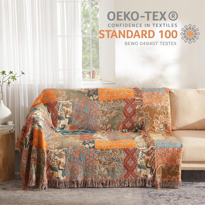 Богемна ковдра Boho Decke 100% бавовна – двостороння муслінова ковдра 150x200 см, м'яка ковдра для дивану та покривало на ліжко, естетичний дизайн, ідеально для вітальні та спальні, помаранчевий/зелений 150 x 200 см з квітковим візерунком