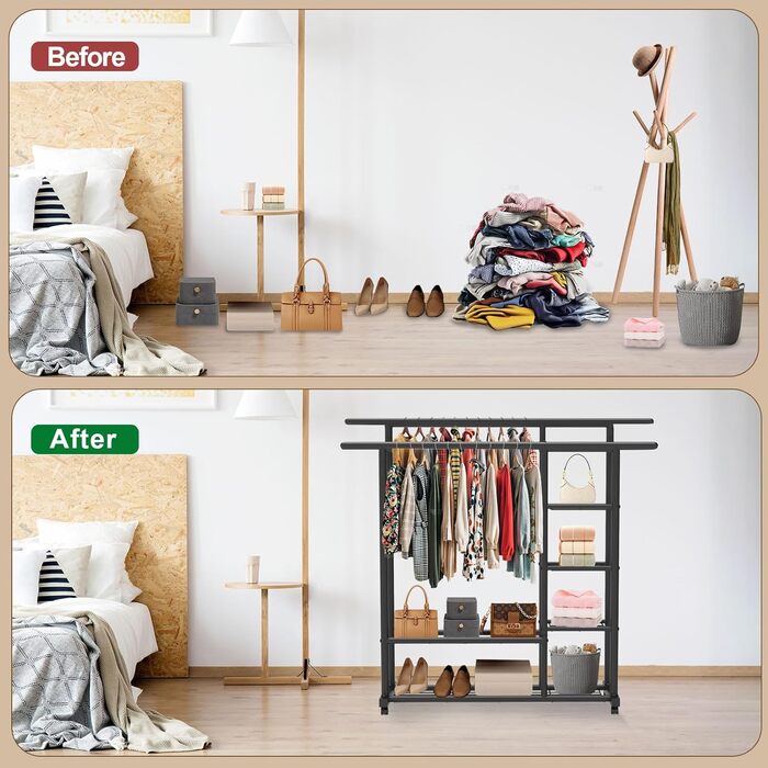 Металевий вішак для одягу GETCO TECH 150см з 6 полицями та 2 перекладинами, на коліщатах