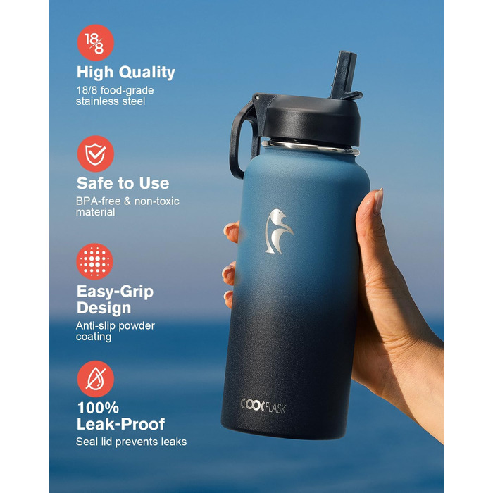 Пляшка для води Coolflask 2л з соломинкою та 3 кришками, ізольована нержавіюча сталь для спорту/офісу, подвійний захист від протікання