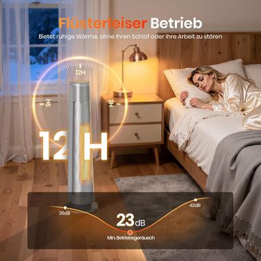 Електричний обігрівач PTC 2000W з термостатом та дистанційним керуванням, тихий, з осциляцією 70°, таймером 12h, захистом від перегріву та нахилу, чорний, 1 шт. (74 см, сріблястий)