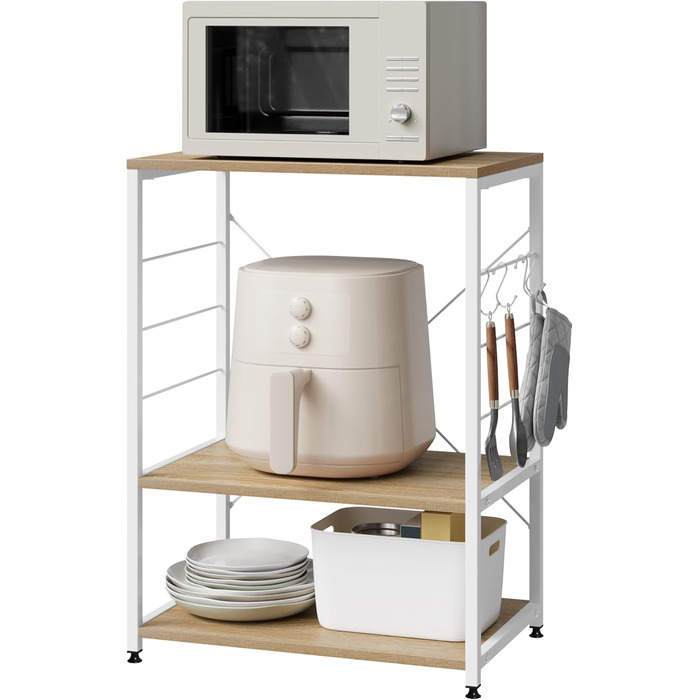 Kitchen Shelf, Microwave Shelf with 4 Hooks, Baking Shelf with 3 Tiers, Storage Shelf for Kitchen, Cafe, Living Room, Bathroom, 60 x 82 x 40 cm, Light Oak + White