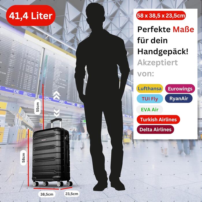 Валіза NOWI Rhodos – 3-секційний набір, жорсткий корпус ABS, кодовий замок, 4 колеса, розширювана, 360° обертання, легка та міцна. Розміри: M, L, XL (Чорний, SET)