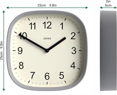 JONES CLOCKS Square Retro Wall Clock made of high-quality acrylic, 'Sprite' in Mint 25 x 25 x 5 cm (Gray)